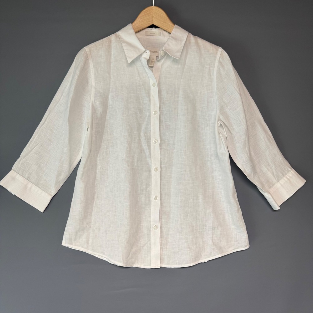 Chicos White 100% Linen No-Iron Button Up Shirt 3/4 Sleeve Size 0 Small US 6